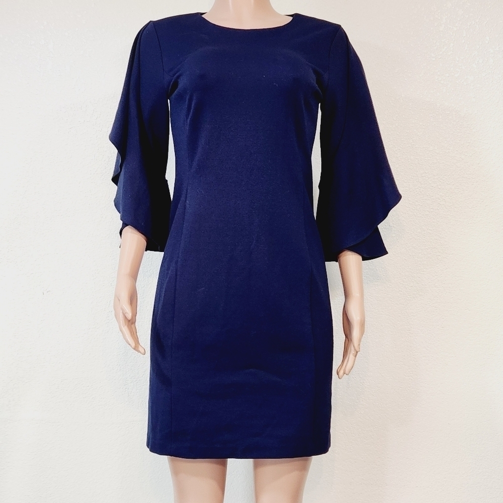 Lauren Ralph Lauren Black Label Blue 3/4 Ruffle Bell Sleeve Ponte Dress Size 4